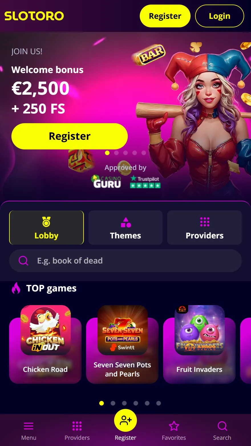 Previzualizare pagină afiliat Slotoro Casino